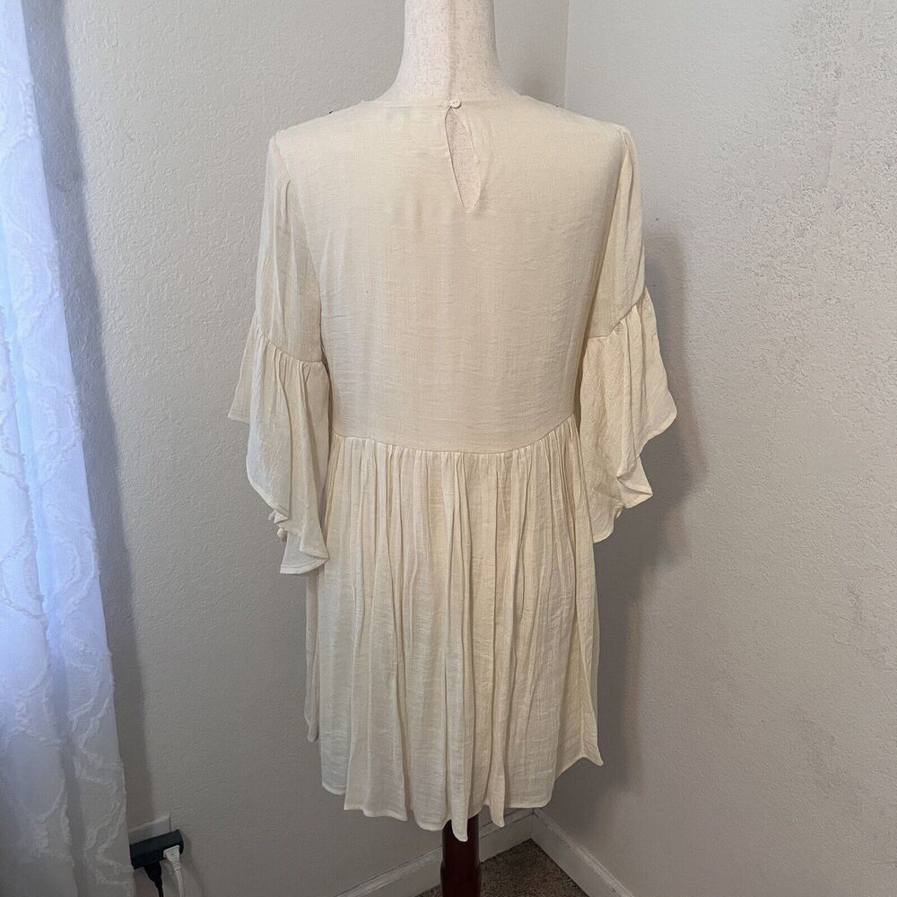 Umgee Boho Mini Dress Ivory Floral Embroidered Peasant 3/4 Bell Sleeves Size S - Picture 2 of 10